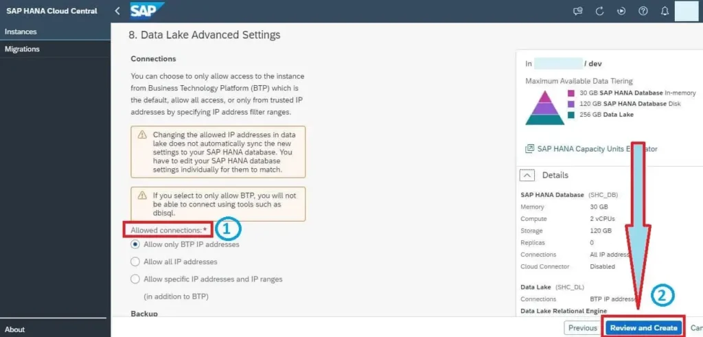 Create SAP HANA Cloud Instance - Data Lake Advanced Settings