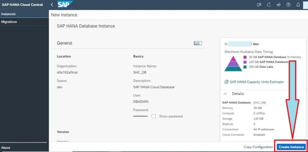 Create SAP HANA Cloud Instance Preview